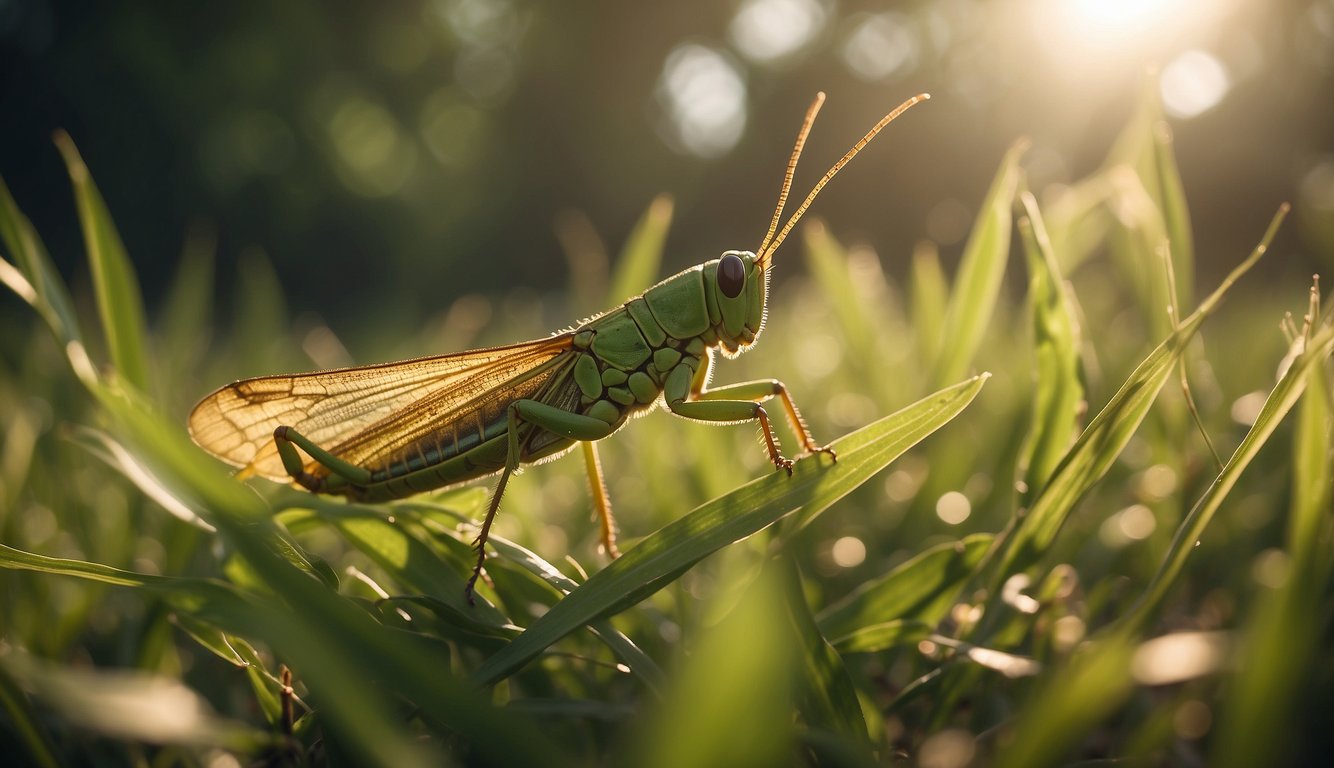Grasshoppers leaping through tall grass, scattering in all directions.

Sunlight filters through the leaves, casting shadows on the ground