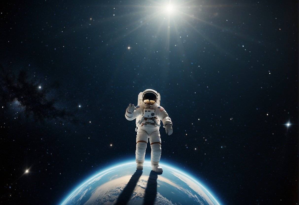 Astronaut Biopics - A lone spacecraft drifts through the vast emptiness of space, surrounded by twinkling stars and swirling galaxies. The astronaut's personal belongings float weightlessly, giving a glimpse into their inner world