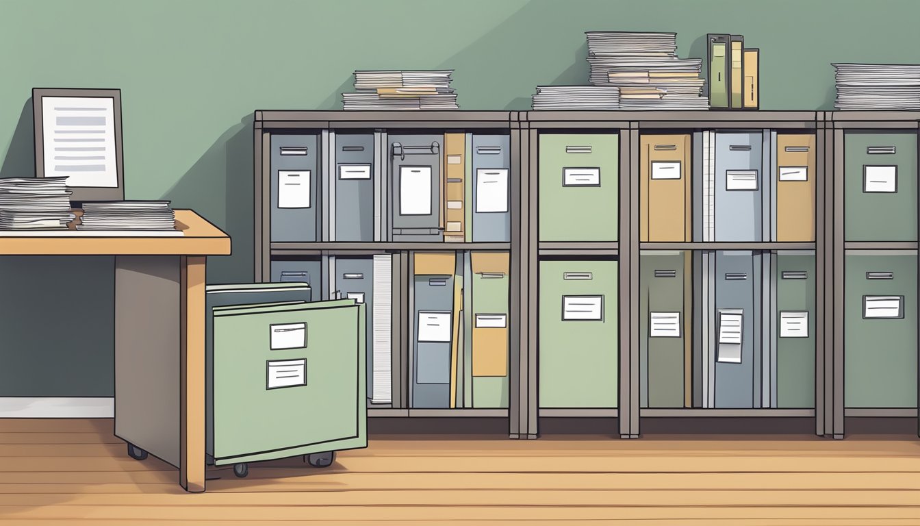 A well-organized file cabinet with labeled folders for property maintenance records, mold inspections, and tenant complaints