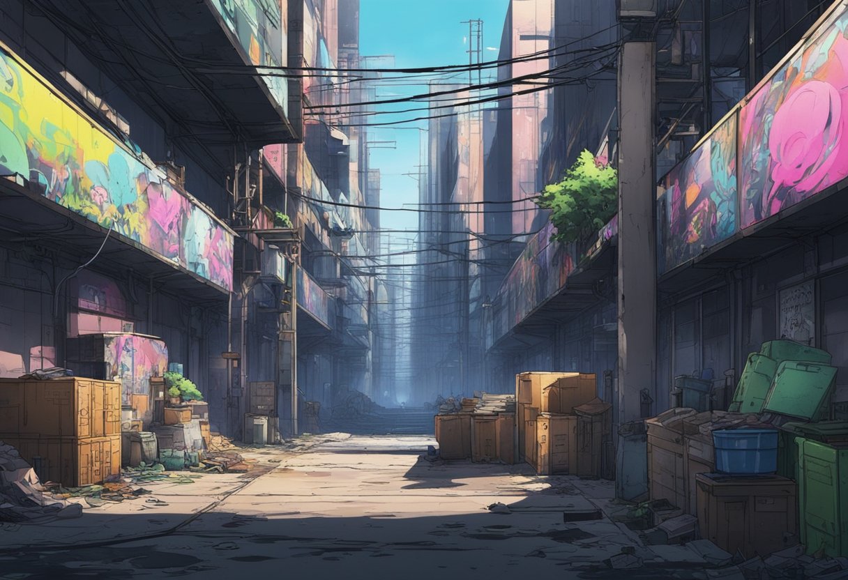 A dark, industrial hub with graffiti-covered walls and flickering neon lights. Trash litters the ground, and ominous figures lurk in the shadows