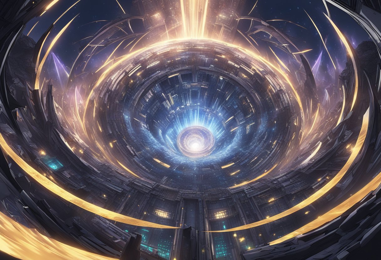 A dark, swirling vortex emerges from a glowing center, surrounded by jagged, metallic structures. Eerie energy crackles and pulses within the hub