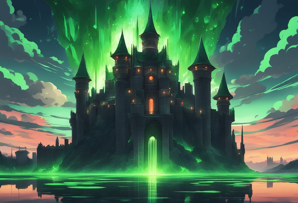 A dark, industrial-looking fortress with menacing spikes and glowing red lights, surrounded by a moat of bubbling green liquid