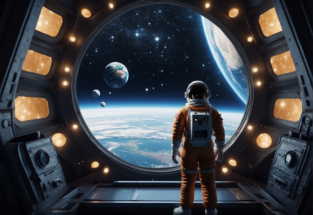 A lone astronaut gazes out at the vast expanse of space, their expression a mix of wonder and introspection. The Earth looms in the background, a small blue dot in the sea of stars