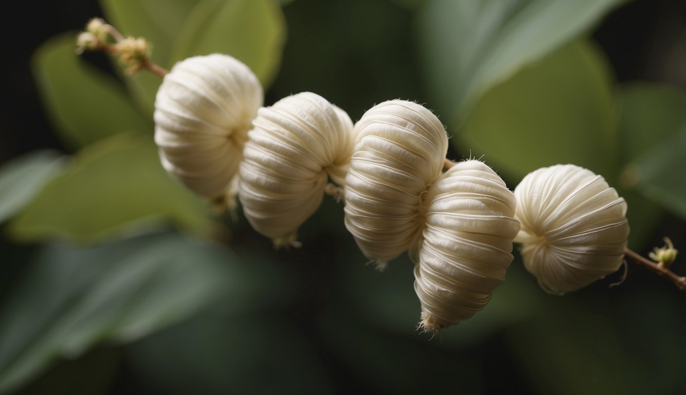 A silkworm spins its cocoon, surrounded by mulberry leaves and silk threads, in a serene and orderly environment