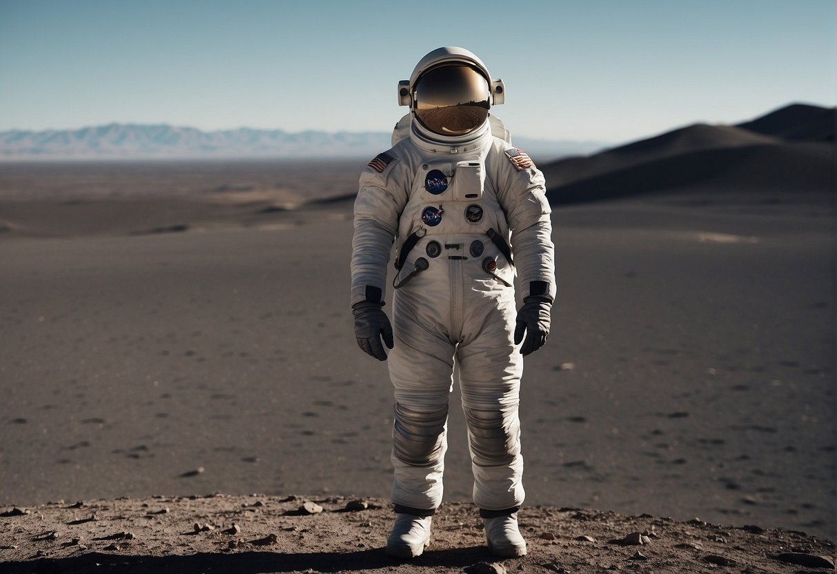 A lone space suit stands against a desolate lunar landscape, with Earth looming in the distance, evoking the emotional and psychological isolation of space exploration