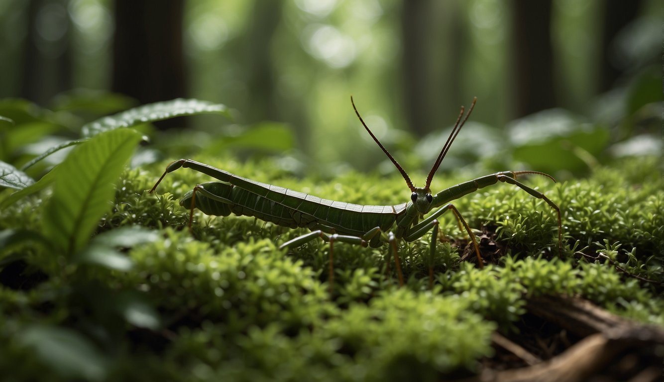 A lush green forest floor with various species of stick insects blending seamlessly into their surroundings, showcasing their remarkable camouflage abilities