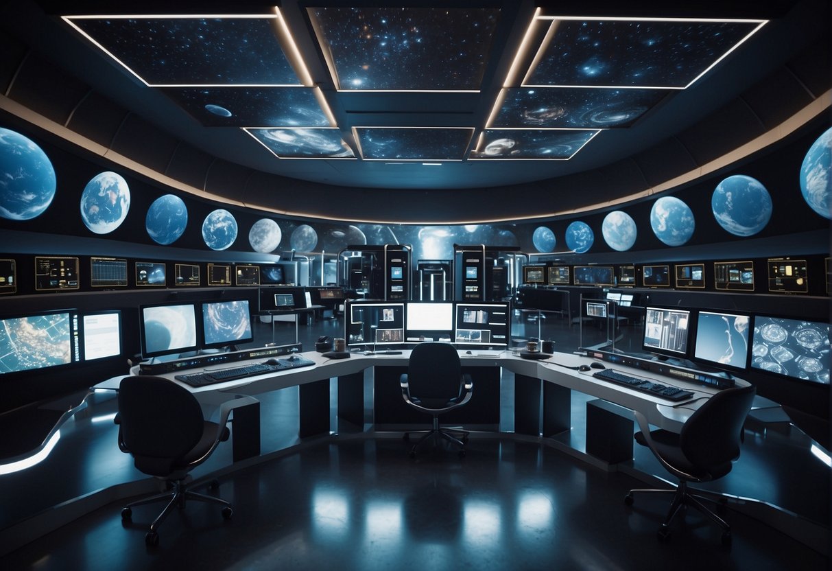 A space-themed research lab with futuristic equipment and screens, surrounded by images of space and astronauts