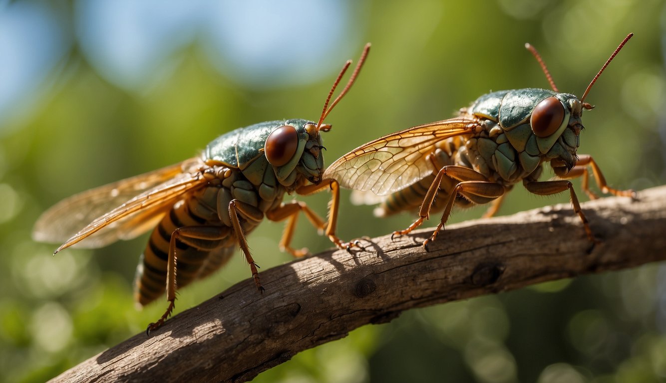 Cicadas fill the air with their rhythmic buzzing, their wings shimmering in the sunlight as they emerge from their long slumber