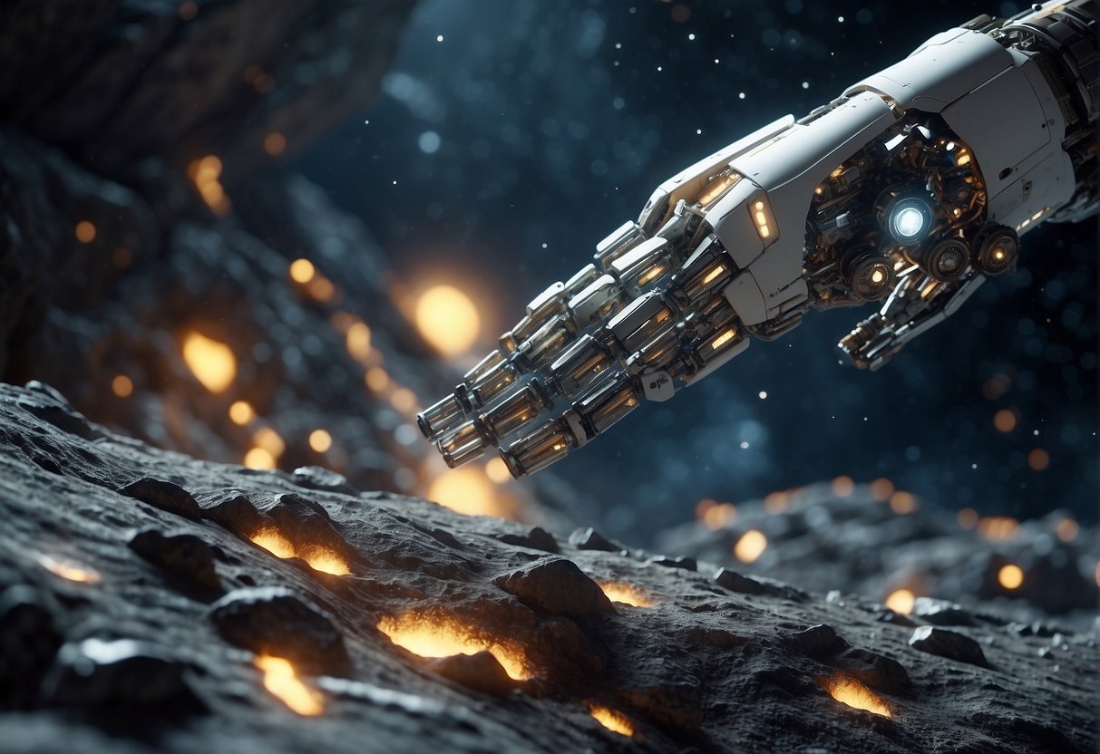 Robotic arms extend from a spacecraft, extracting valuable minerals from a nearby asteroid. The vastness of space and the glowing rocks create a sense of wonder and potential fortune