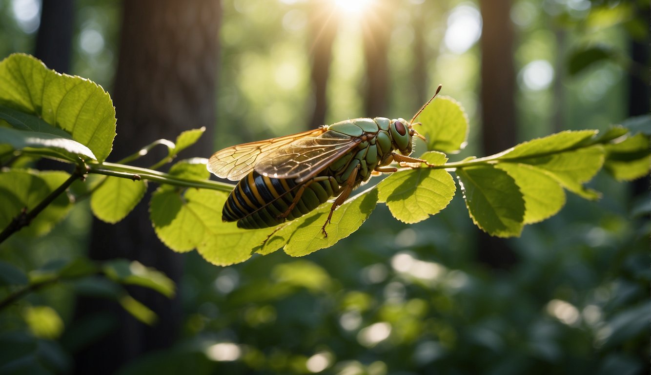 Cicadas buzz in a lush forest, surrounded by vibrant green leaves and dappled sunlight filtering through the trees.

The air is filled with the synchronized serenades of these long sleepers, creating a symphony of sound