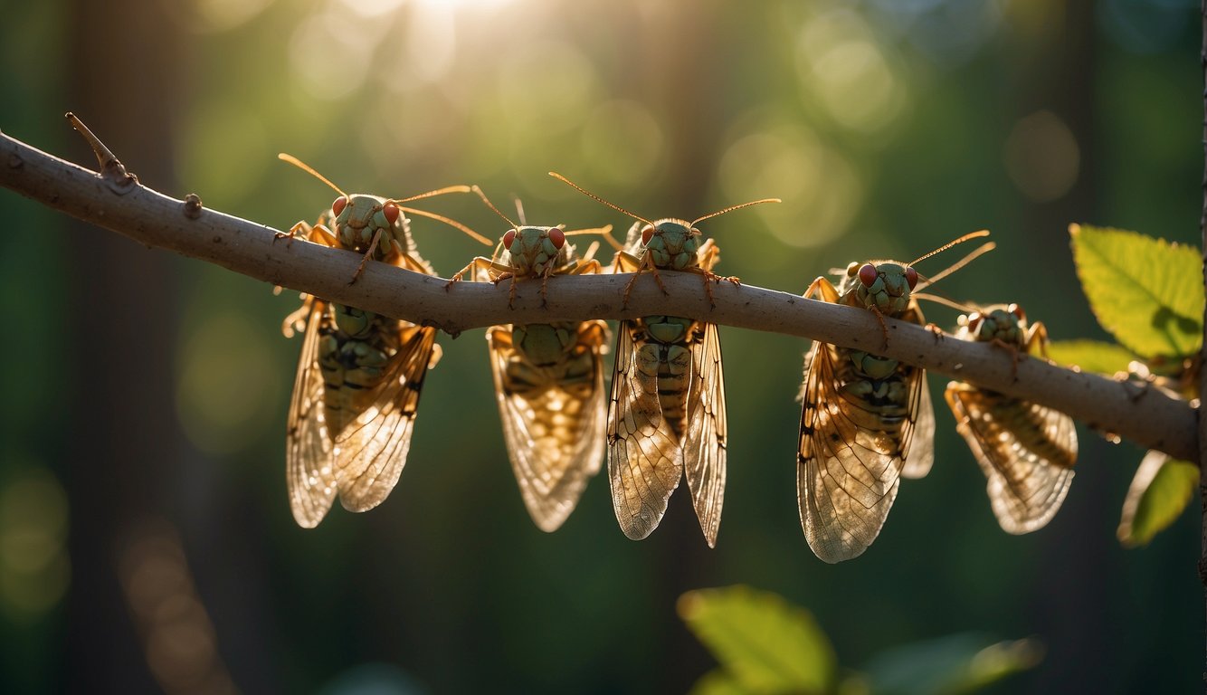 A group of cicadas cling to a tree branch, their iridescent wings shimmering in the sunlight.

Their synchronized chirping creates a mesmerizing symphony, filling the air with their rhythmic serenades