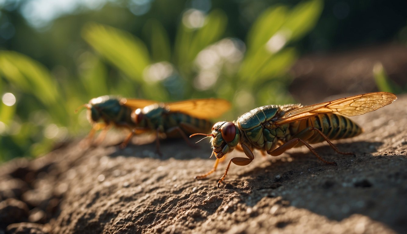 Cicadas emerge from the earth, their wings shimmering in the sunlight as they fill the air with their synchronized serenades