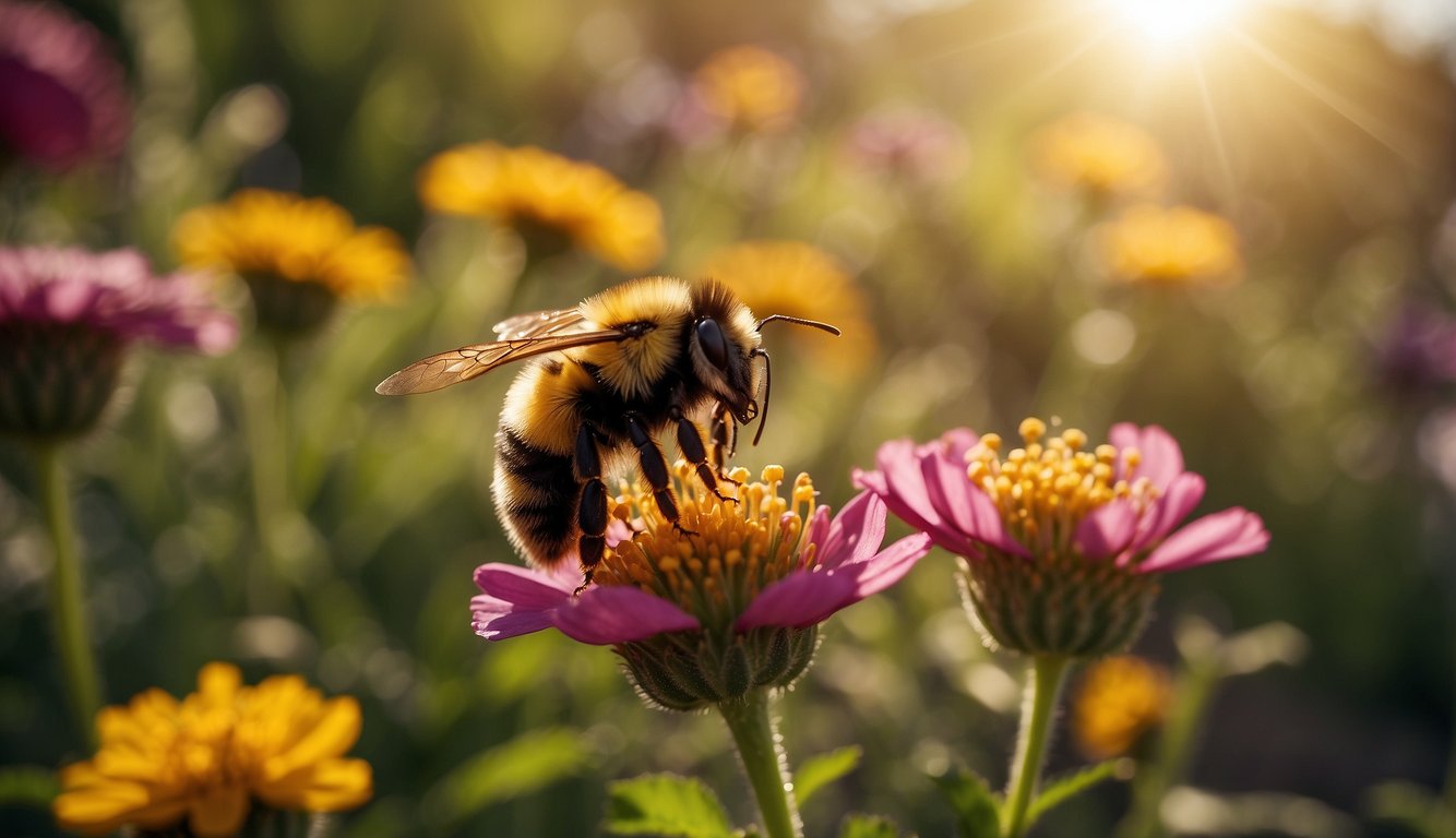 A bumblebee hovers over a vibrant garden, landing delicately on a colorful flower to collect pollen.

The sun shines down, illuminating the scene with a warm glow