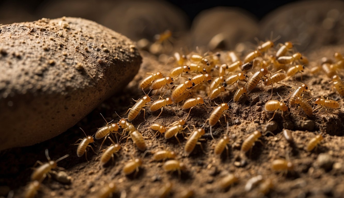A bustling termite colony thrives underground, with workers gathering food, soldiers guarding the entrance, and the queen laying eggs in her chamber