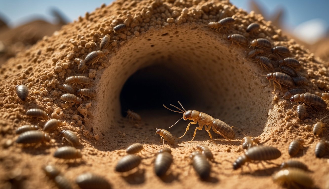 A bustling termite colony, with workers building intricate tunnels and chambers, while soldier termites stand guard at the entrances.

The queen is surrounded by attendants, laying eggs to expand the kingdom