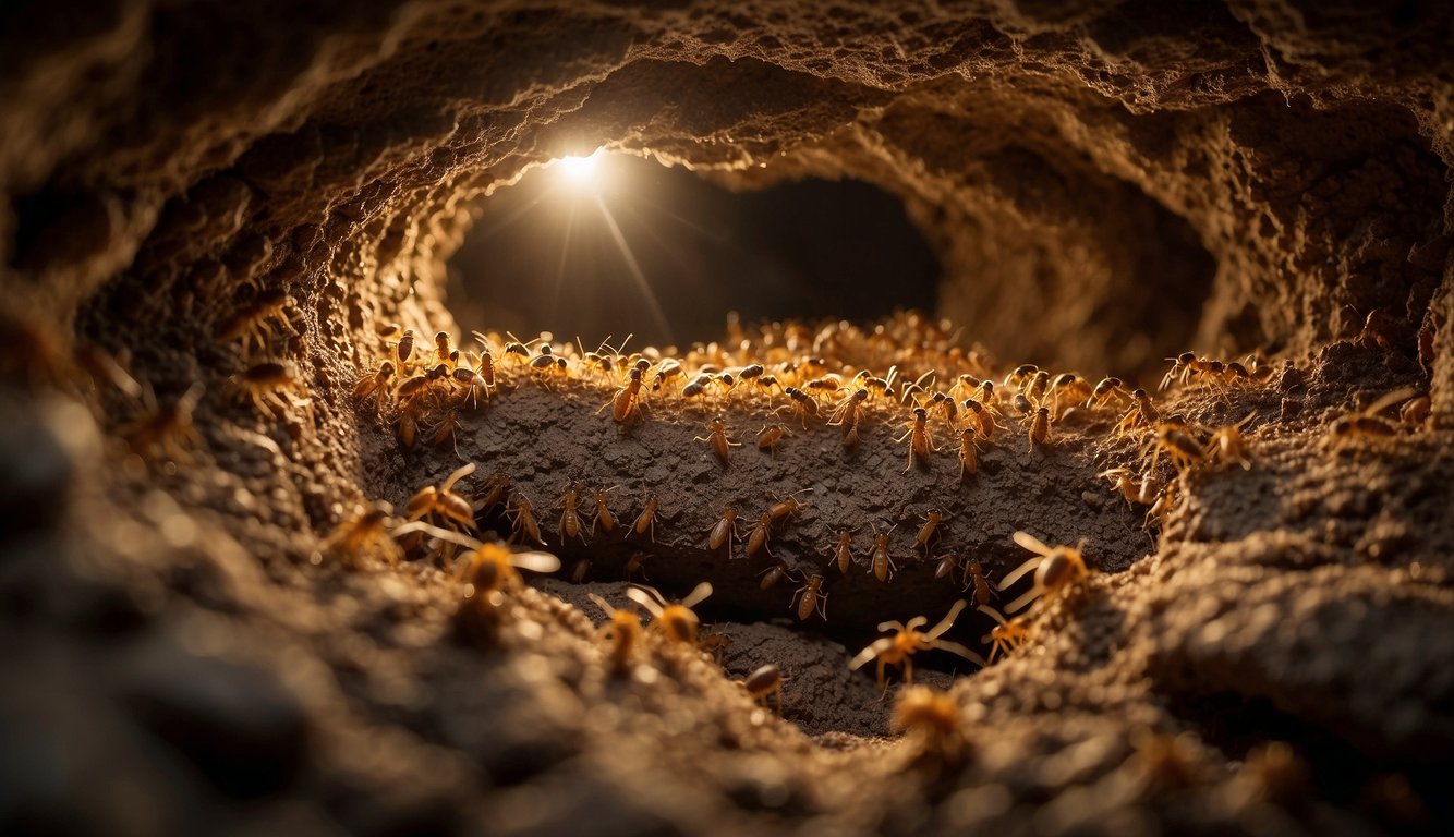 A bustling underground termite colony, with intricate tunnels and chambers, teeming with worker termites carrying out their duties in a hidden kingdom beneath the earth