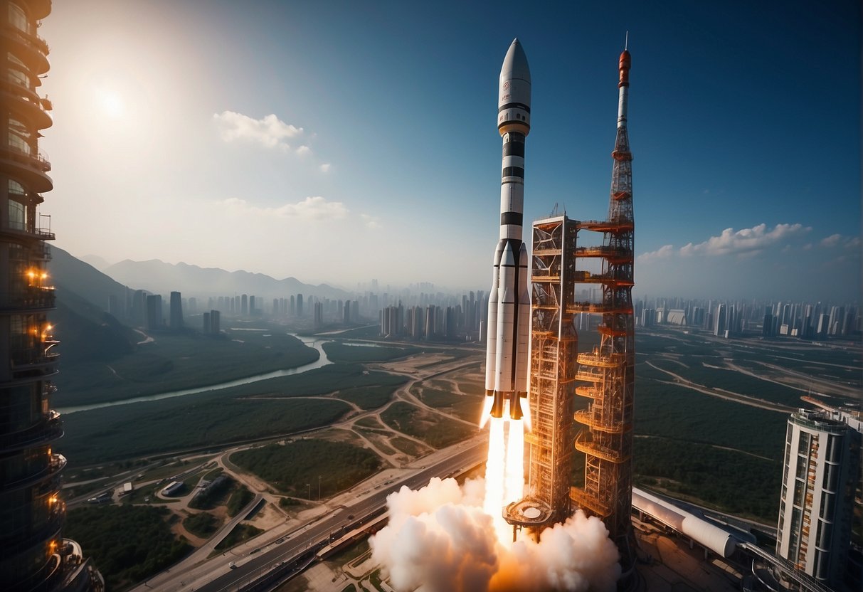 A rocket launches from a Chinese space center, surrounded by futuristic technology and bustling activity