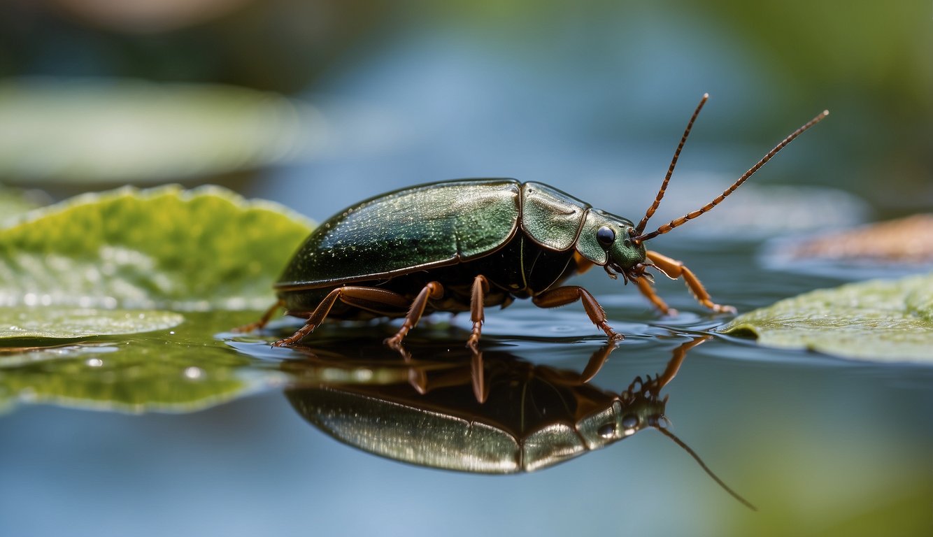 A water beetle skims across the surface of a tranquil pond, surrounded by lush aquatic plants and shimmering reflections of the sky above