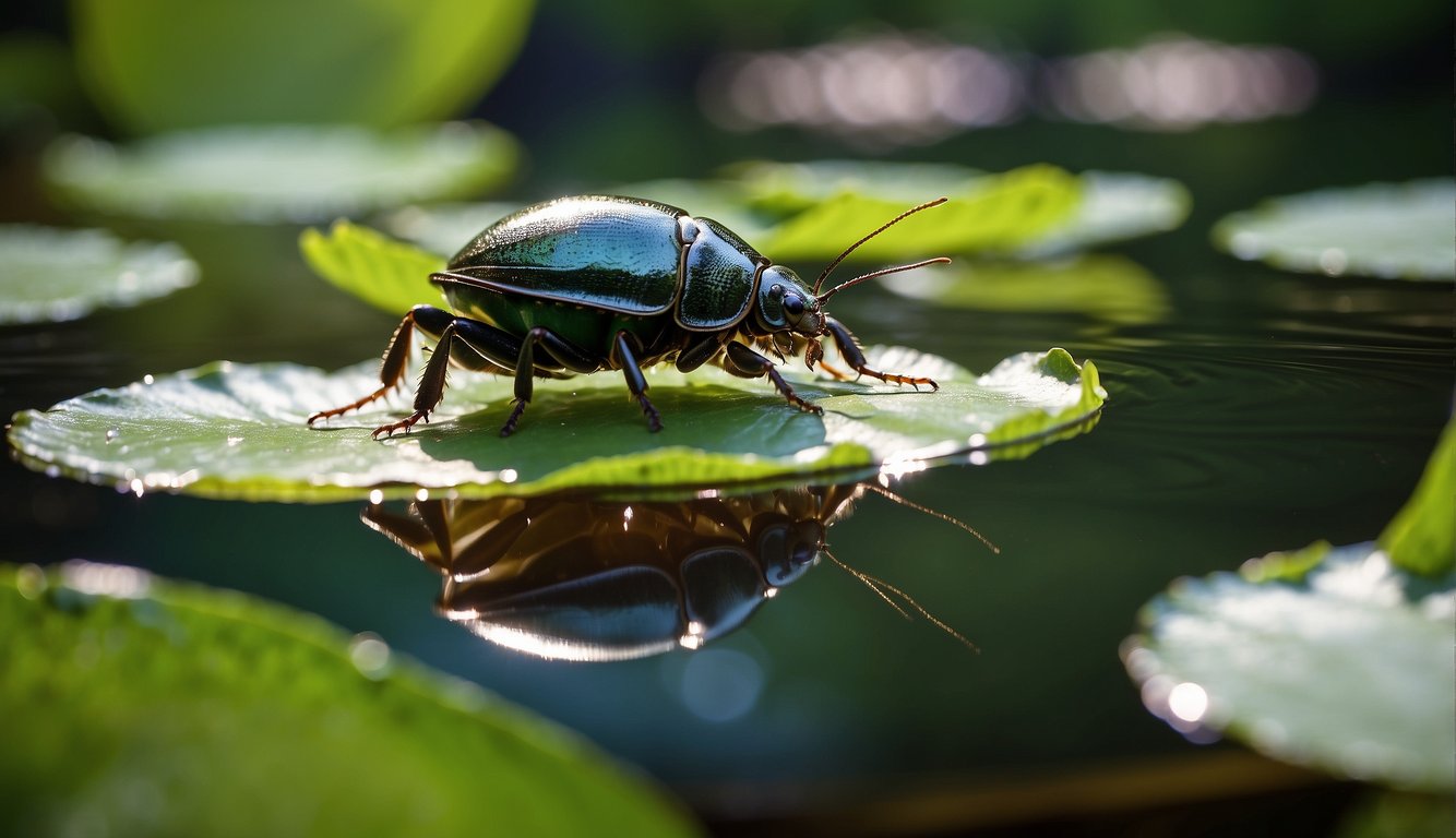 A serene pond surrounded by lush greenery, with a water beetle floating gracefully on the surface, its iridescent shell shimmering in the sunlight