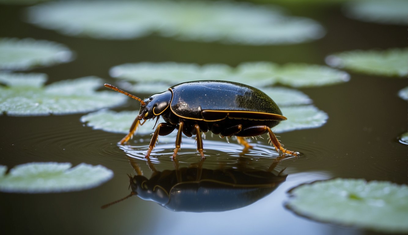 A water beetle floats on the surface tension of a pond, its hydrophobic exoskeleton repelling water.

Its legs are fringed with fine hairs for swimming, and its streamlined body allows for efficient movement through the water