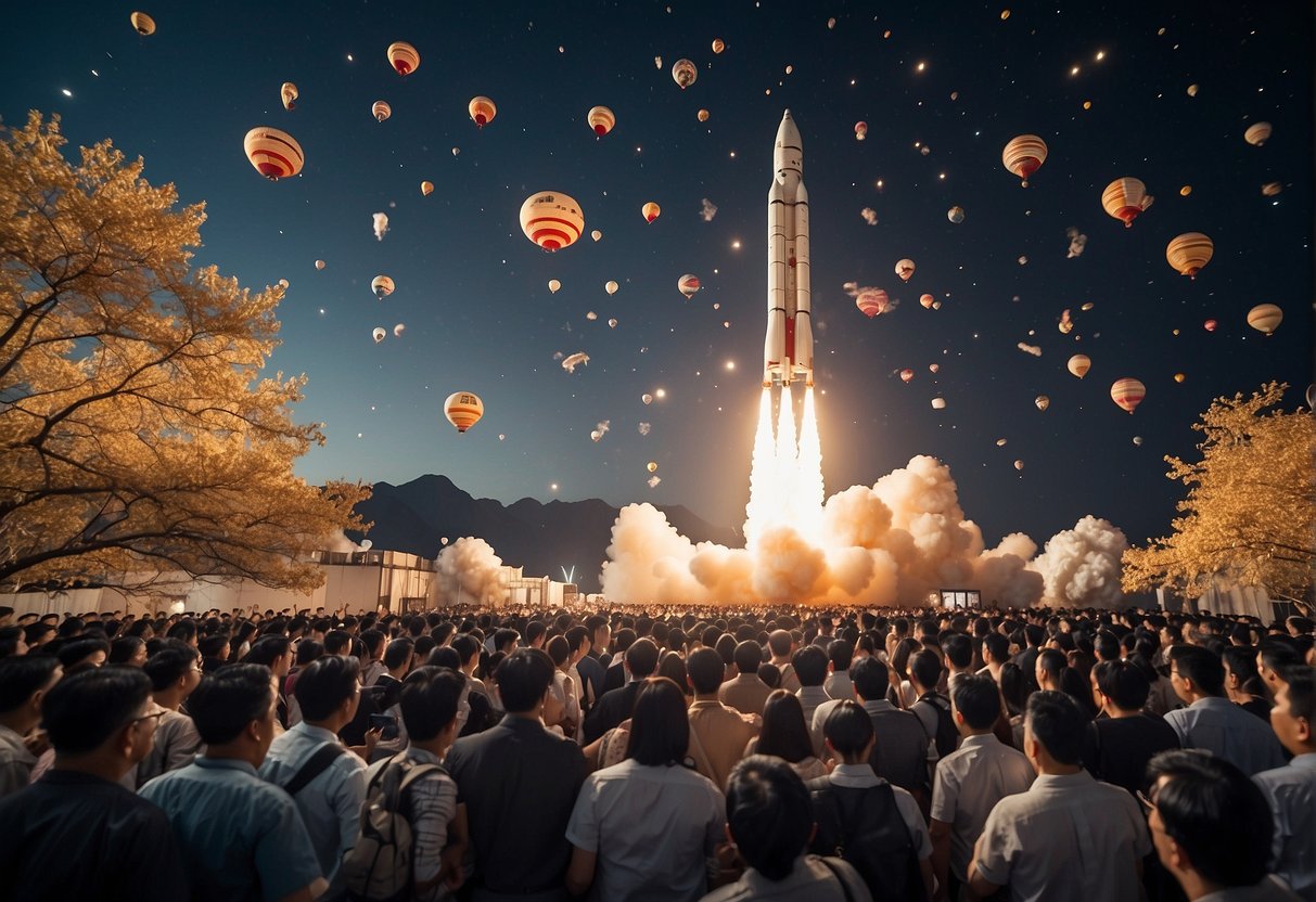 A rocket launches into space, adorned with Chinese symbols and imagery, surrounded by a crowd of onlookers and media capturing the historic event