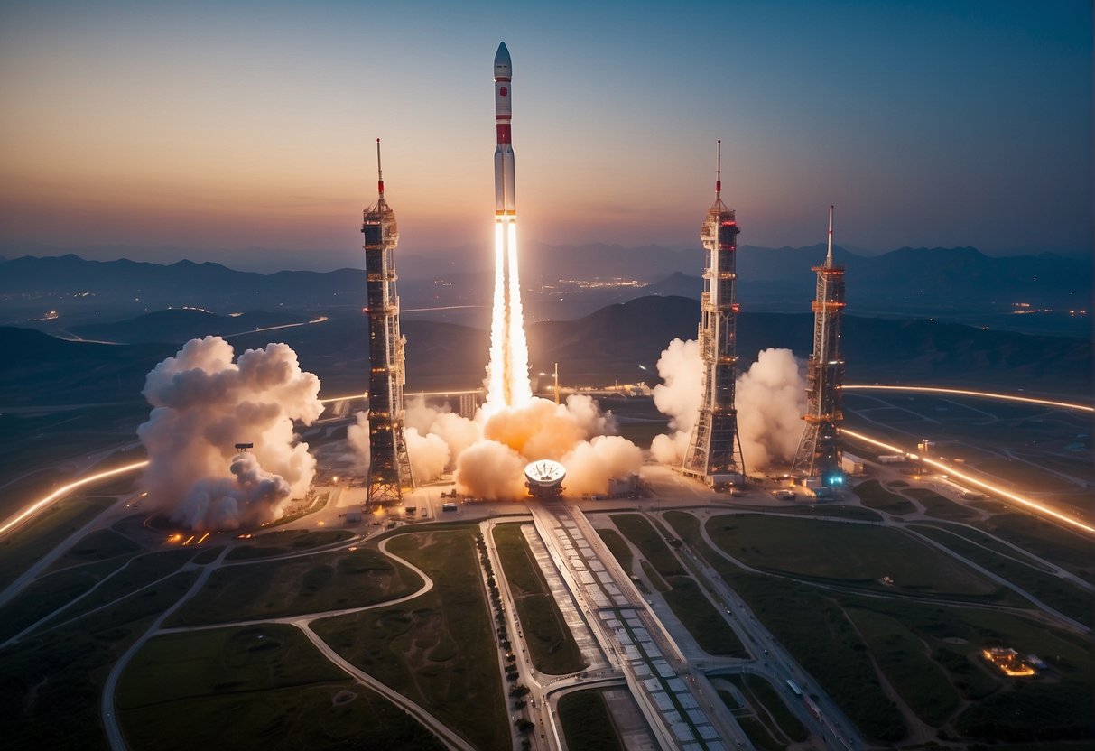A rocket launches from a futuristic Chinese spaceport, surrounded by advanced infrastructure and satellite arrays, showcasing China's ambitious space program