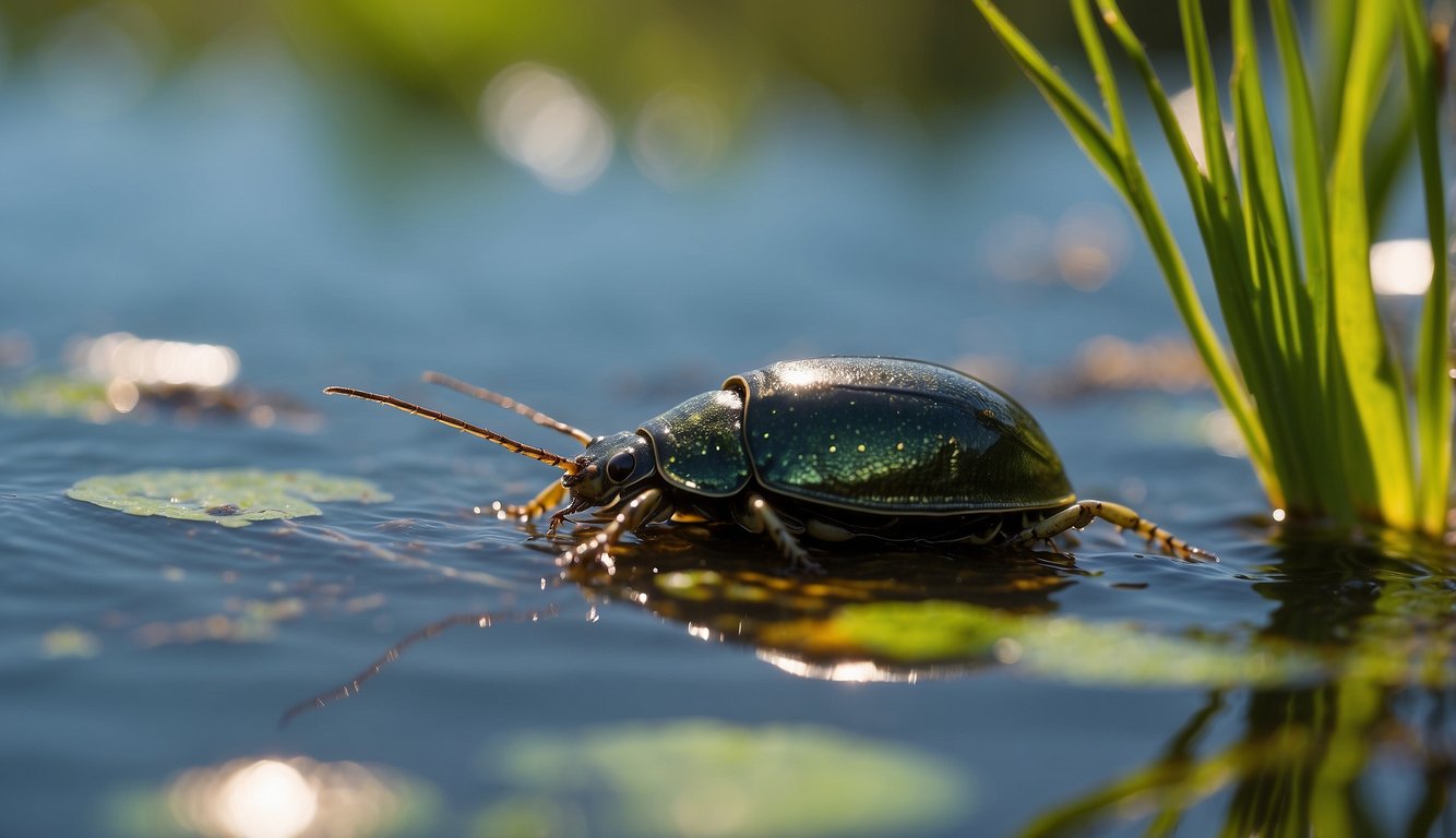 The water beetle skims the surface, its iridescent shell glinting in the sunlight.

Below, aquatic plants sway in the gentle current, providing shelter for small fish and insect larvae. A frog lurks at the water's edge, waiting