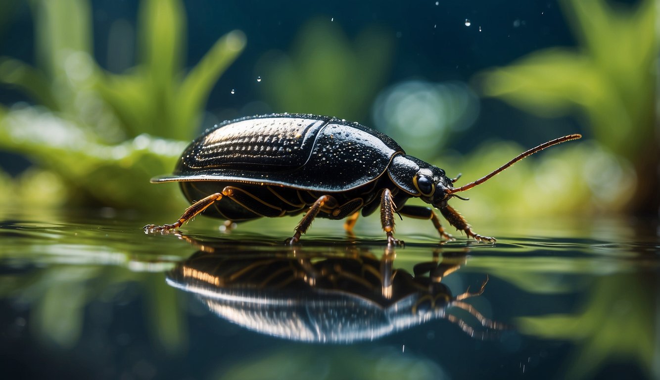 A water beetle glides gracefully through a shimmering underwater world, surrounded by aquatic plants and darting fish.

Sunlight filters through the water, casting dappled patterns on the beetle's sleek, iridescent carapace