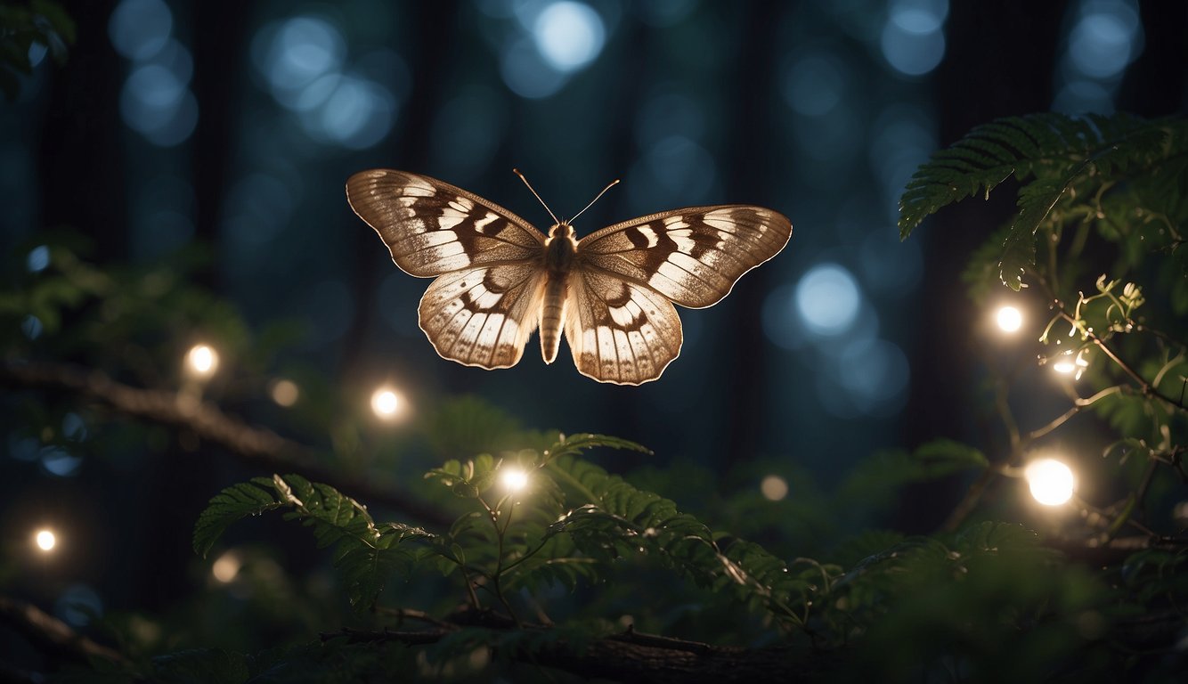 Moths flutter through moonlit forest, drawn to glowing orbs.

Twisting paths of light guide their delicate wings