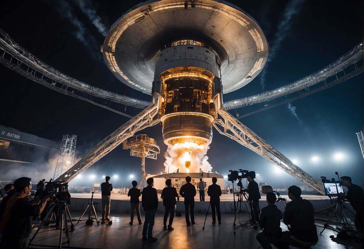 The scene shows a Chinese space launch site with a rocket being prepared for launch, surrounded by media and film crews capturing the event