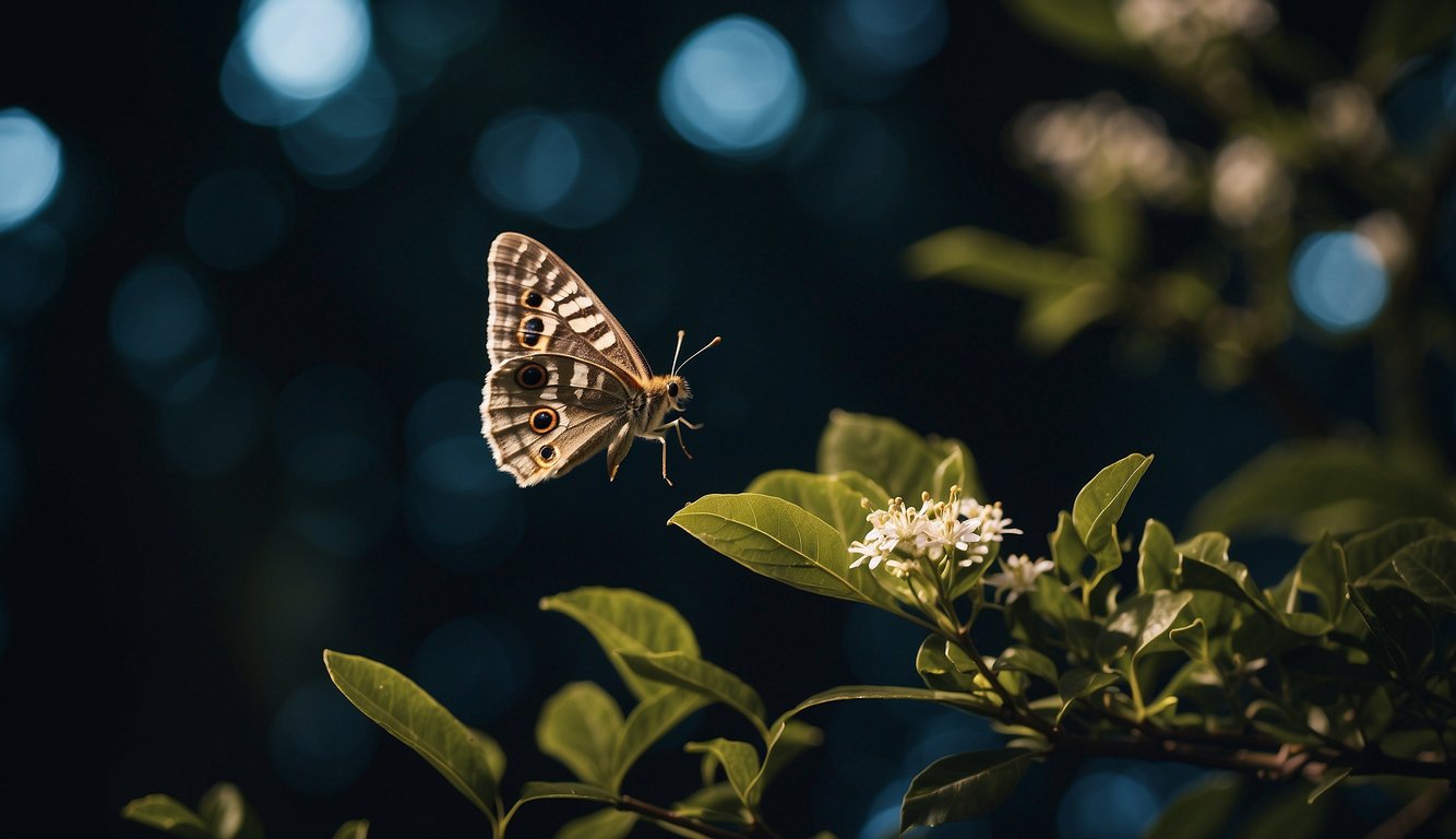 Moths flutter among moonlit trees, their delicate wings brushing against leaves.

A gentle breeze carries the scent of flowers as they navigate their nighttime journey