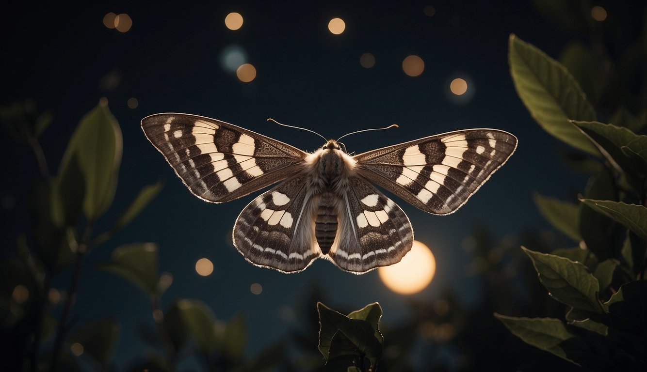 Moths flutter around a glowing moon, their delicate wings illuminated in the darkness as they navigate through the night sky