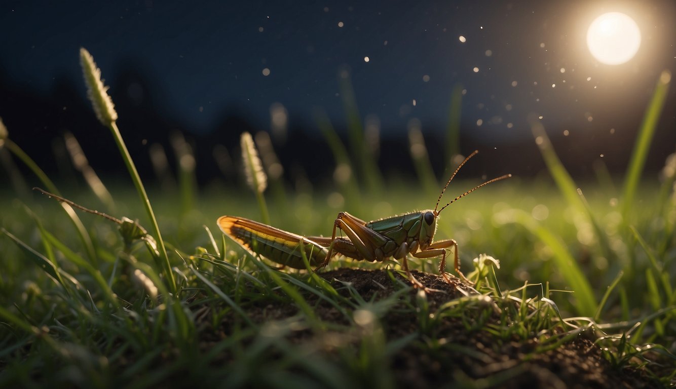 The crickets chirped loudly in the moonlit meadow, their symphony filling the night with rhythmic melodies