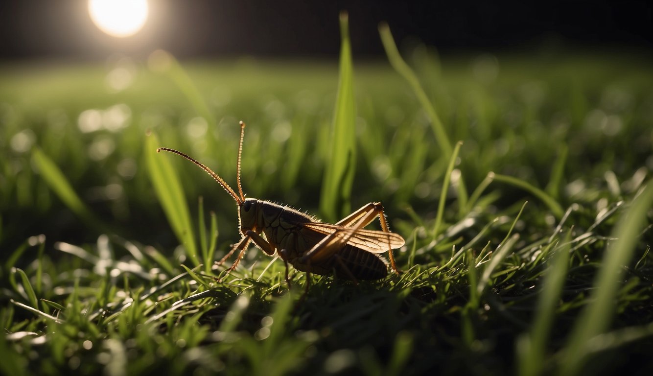 Crickets fill the night with their rhythmic chirping, blending into the symphony of the environment.

The moonlight casts shadows on the grass as they continue their melodic performance