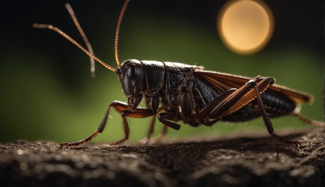 Crickets fill the night with their rhythmic chirping, creating a symphony of sound in the darkness