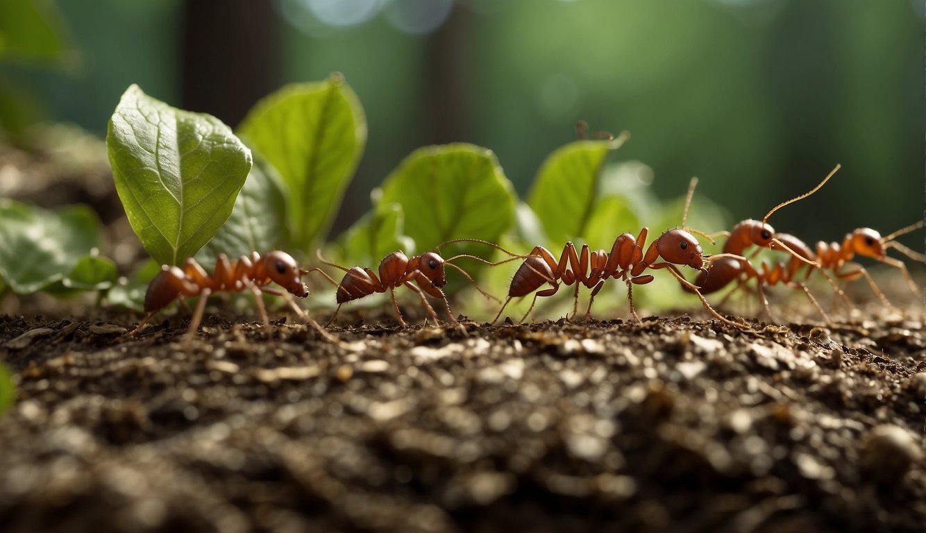 Leafcutter ants march in a long line, carrying freshly cut leaves back to their underground nests.

The forest floor is alive with activity as these tiny farmers diligently tend to their fungus gardens