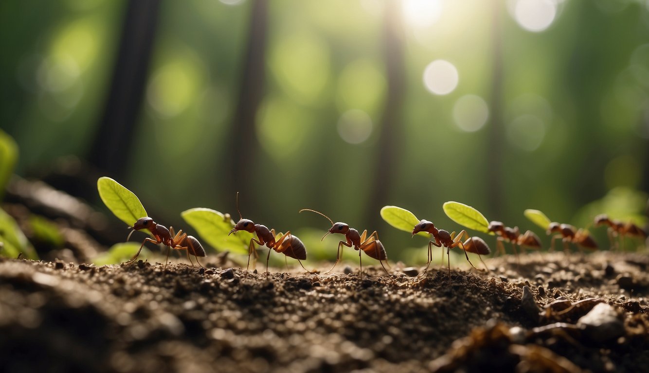 Leafcutter ants march in a long line, carrying pieces of leaves on their backs.

They navigate through the forest floor, heading towards their underground fungus gardens