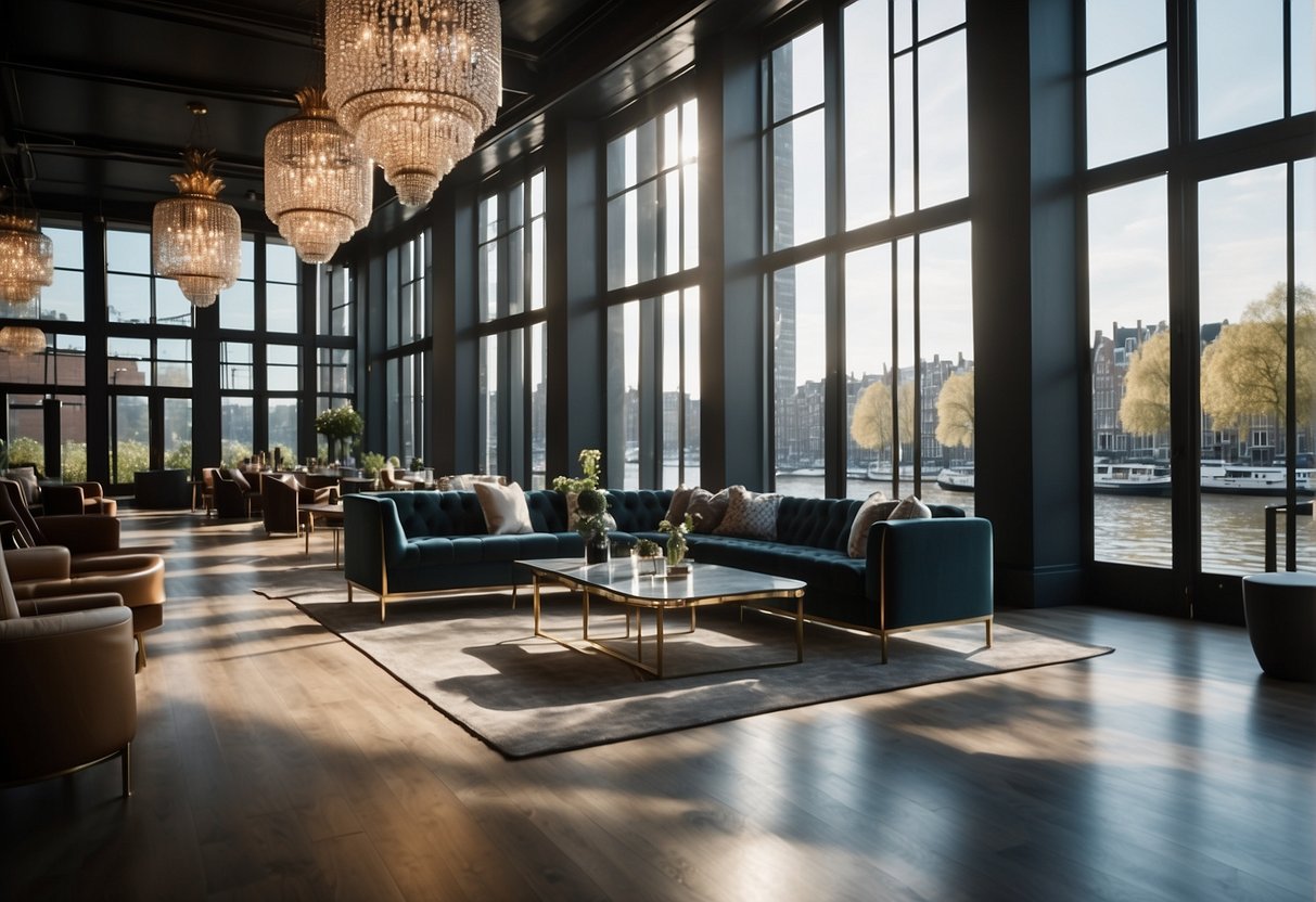Opulent lobby with modern furnishings, grand chandeliers, and floor-to-ceiling windows overlooking Amsterdam's picturesque canals