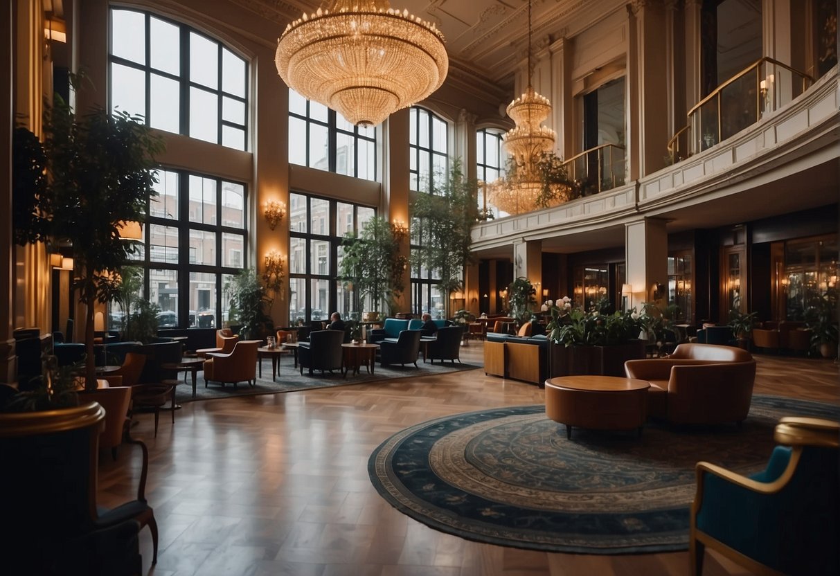A grand hotel lobby in Amsterdam bustling with guests and staff. Opulent decor and a concierge desk with a line of patrons
