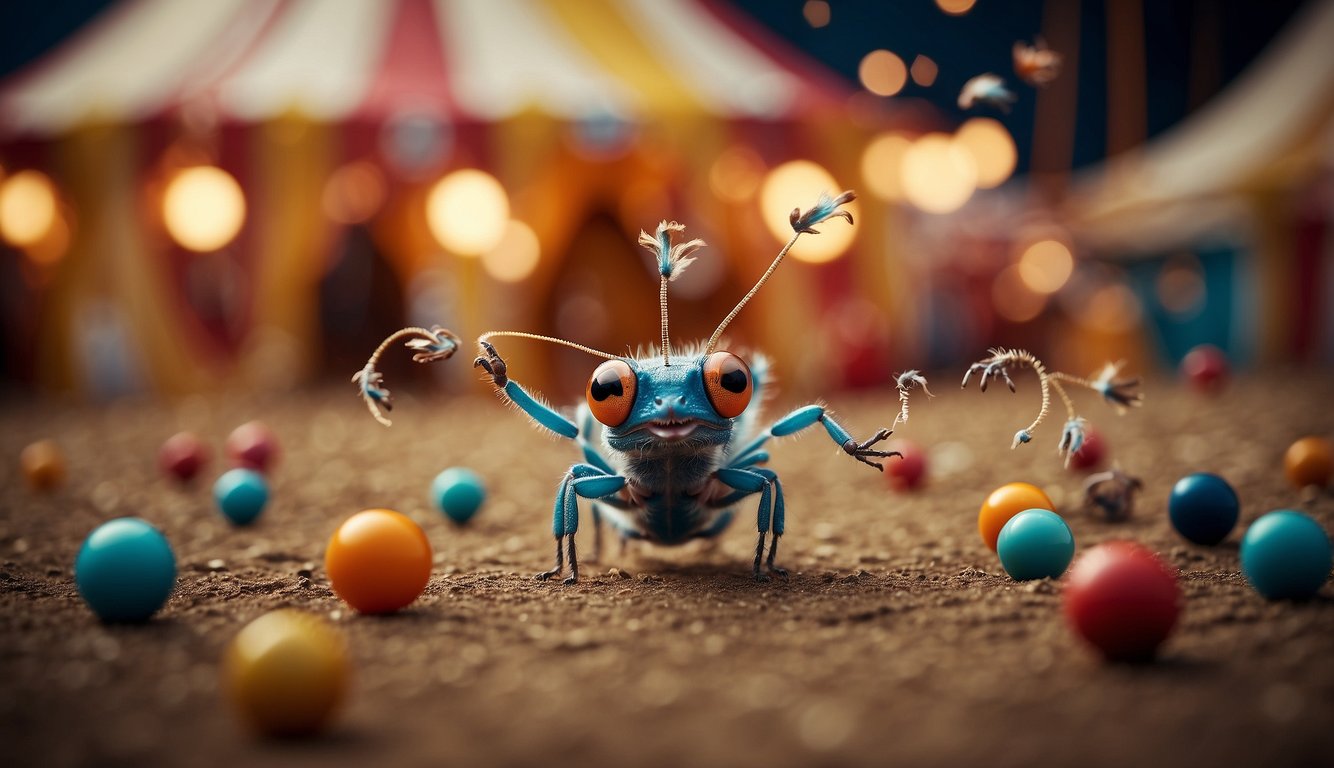 Colorful fleas leap through tiny hoops, balancing on balls and juggling miniature props in a whimsical circus tent
