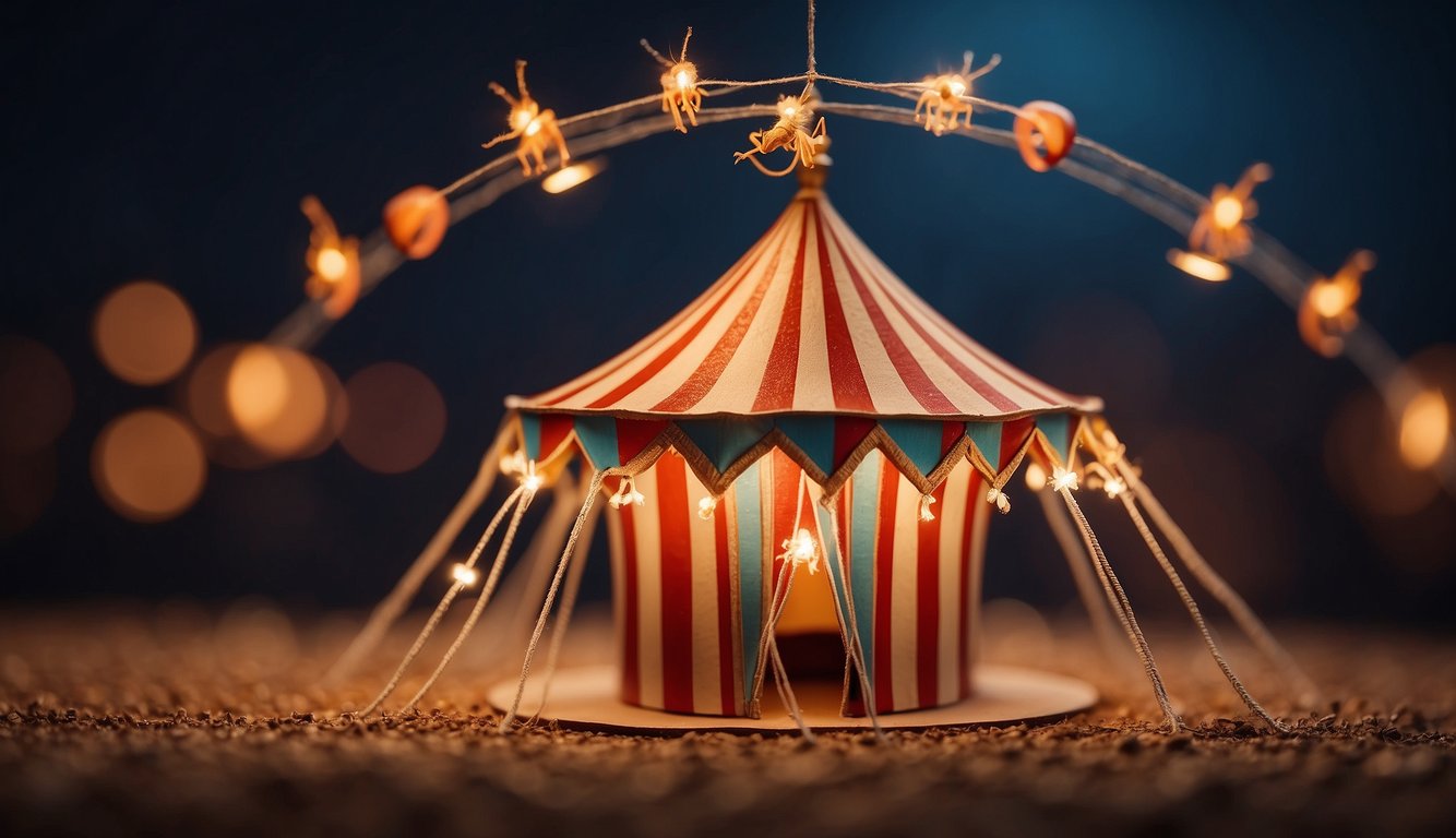 A miniature circus tent with tiny fleas jumping through fiery hoops and balancing on tightropes