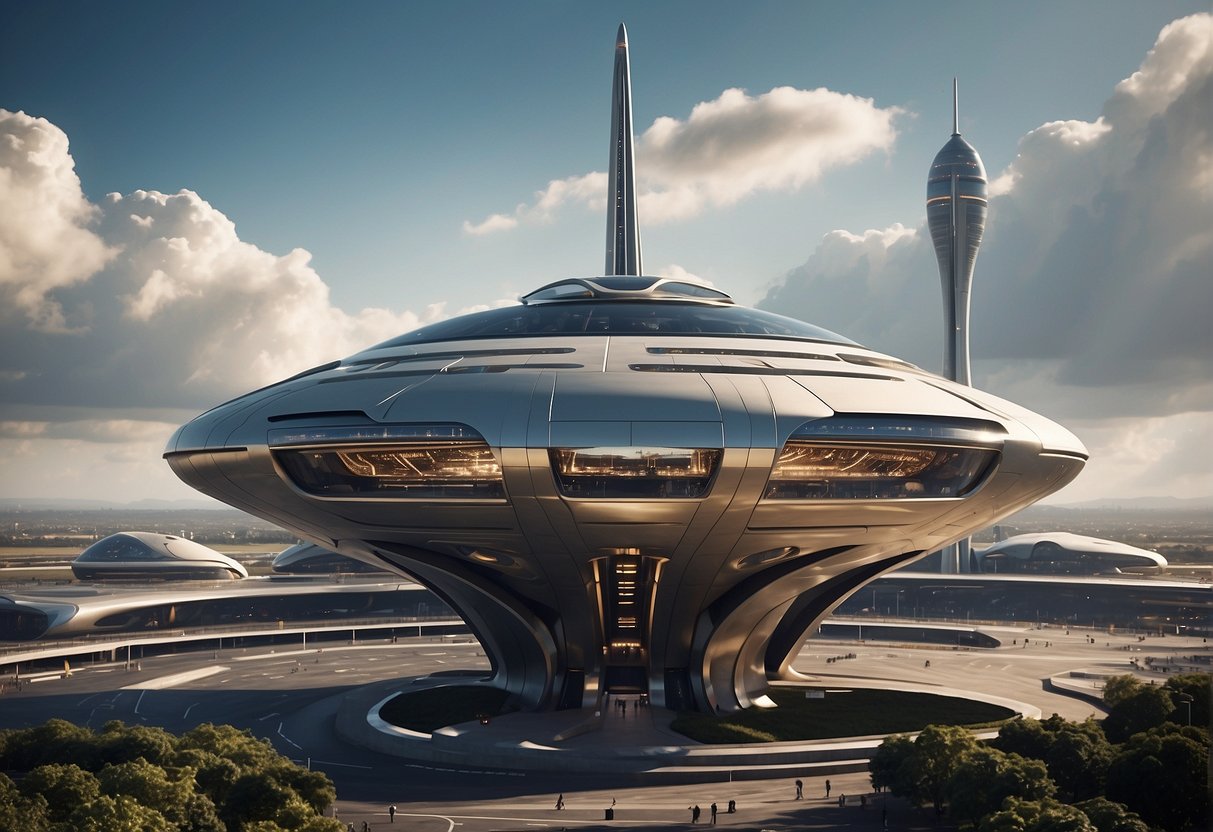 A futuristic spaceport with sleek spacecraft ready for launch, surrounded by bustling crowds and towering futuristic buildings, showcasing the excitement and anticipation of space tourism