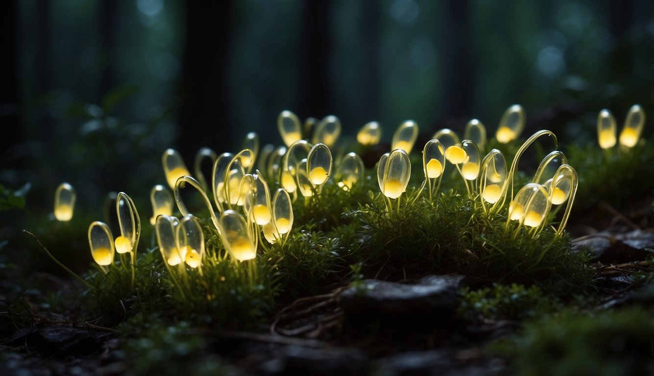 Glow-worms illuminate the forest floor, their bioluminescent bodies creating a mesmerizing display.

They cling to damp rocks and vegetation, casting an ethereal glow in the darkness