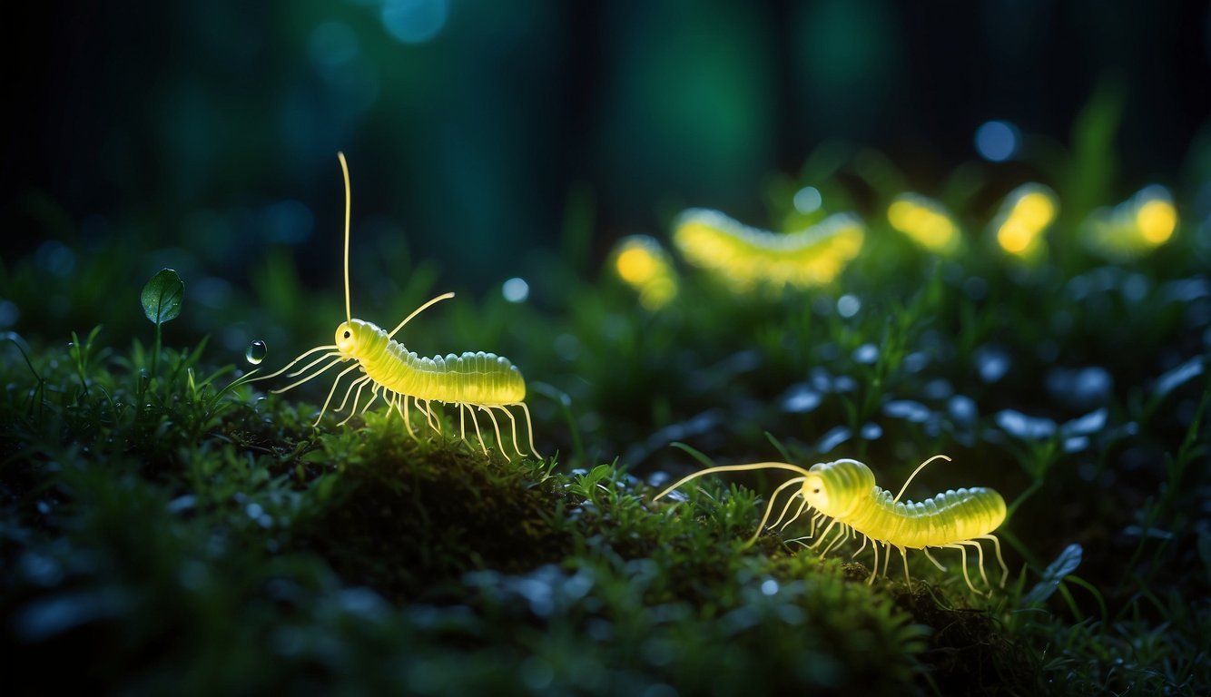 Glow worms illuminate the dark forest floor, their bioluminescent glow creating a mesmerizing display.

Their tiny bodies emit a soft green light, casting an ethereal glow on the surrounding foliage