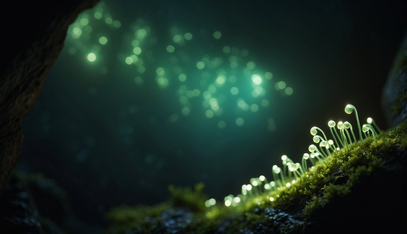 Glow worms illuminate a dark cave, their soft green light creating a magical glow.

The tiny creatures hang from the ceiling, resembling nature's own twinkling stars