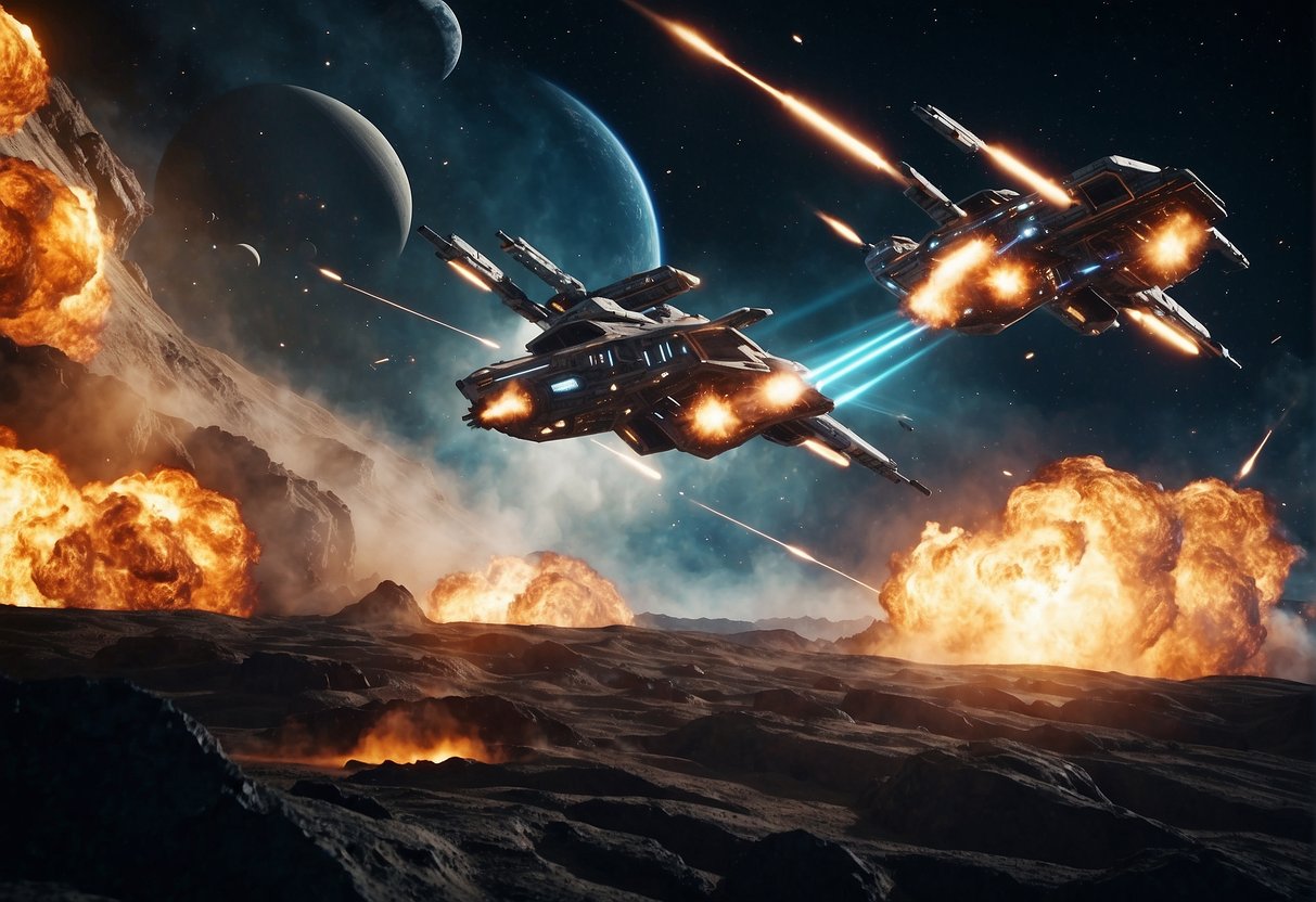Space Warfare - A space battle rages between starfighters and advanced defense systems, with explosions and laser blasts illuminating the dark void of space