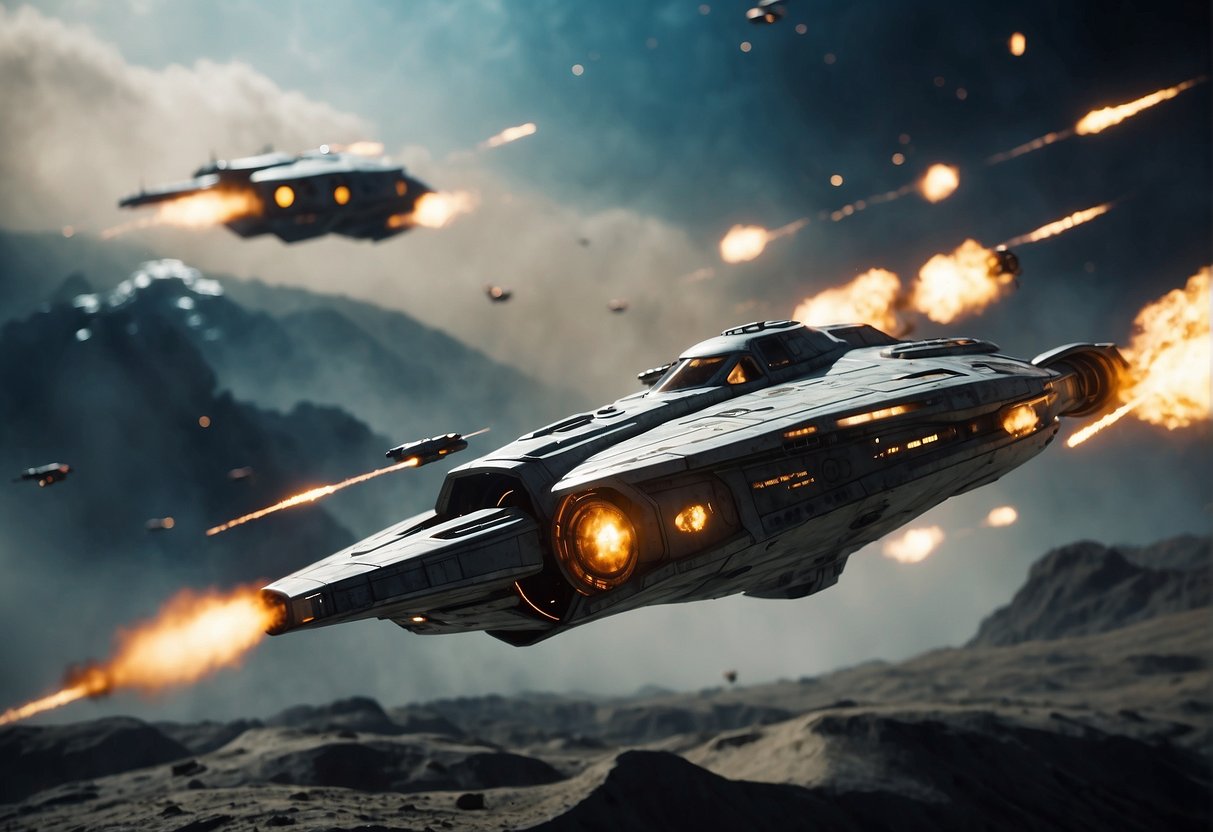 A futuristic space battlefield with starfighters engaging in intense combat, while strategic defense initiatives defend against incoming attacks