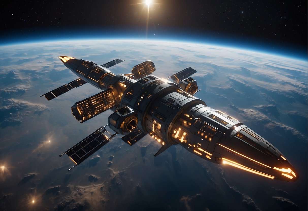 A futuristic space station orbits a distant planet, surrounded by sleek starfighters and defense satellites, showcasing the advanced technology of the Space Force
