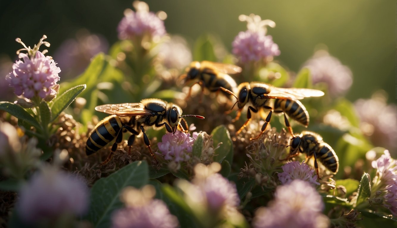 A swarm of wasps gathers nectar from vibrant flowers, their iridescent wings shimmering in the sunlight.

A queen lays eggs in a paper-like nest, while worker wasps forage for food