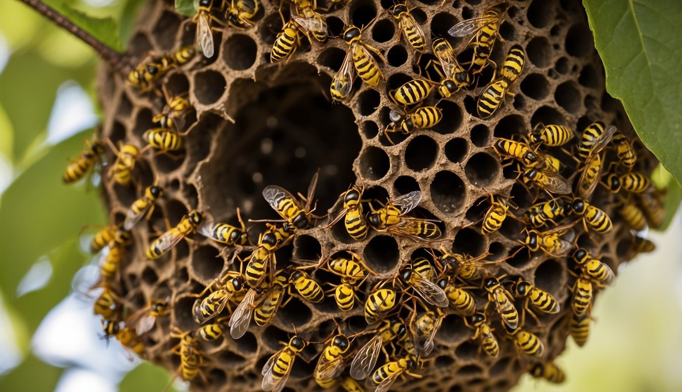 A bustling wasp nest hangs from a tree, with workers coming and going.

A queen is surrounded by attendants, while larvae are being tended to